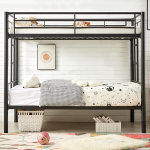 VECELO Metal Bunk Bed Twin Over Twin, Industrial Bunkbeds with Ladder and Full-Length Guardrail, Noise Free, No Boxing Spring Needed, Black