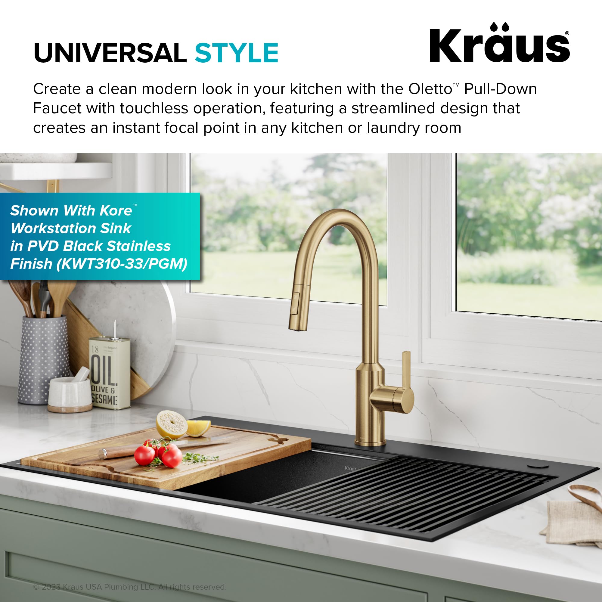 KRAUS Oletto Touchless Sensor Pull-Down Single Handle Kitchen Faucet in Brushed Brass, KSF-2830BB