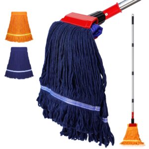 looped-end string wet mop, heavy duty commercial industrial dust mop with 45 inch stainless steel pole, 2 replacement floor mop heads for floor, hardwood, laminate, tiles cleaning (blue&orange)