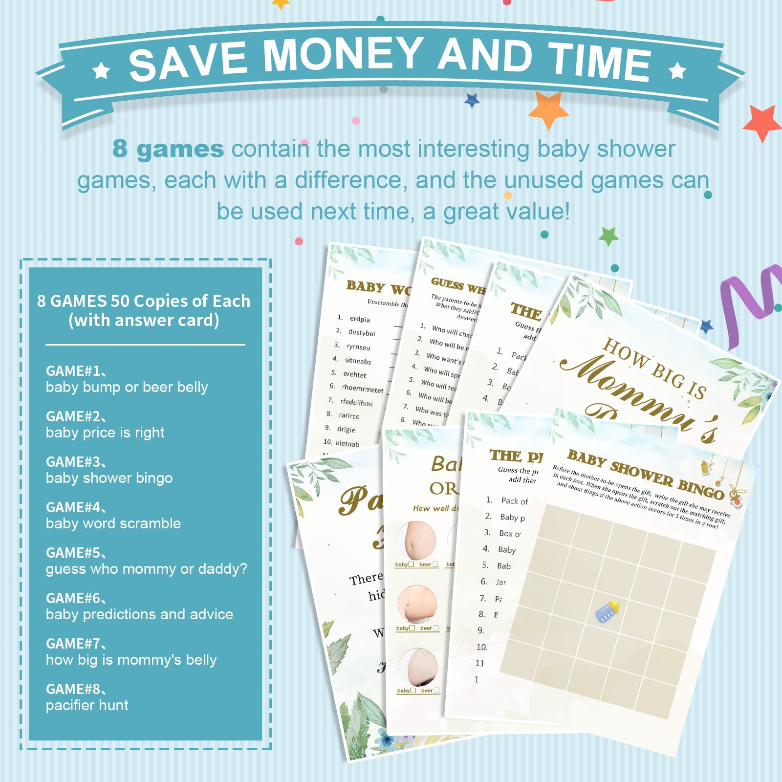 OLOUTAB Baby Shower Games Set-8 Games,Fun and Easy to Play,Includes Baby Shower Bingo,Price is Right,Guess Who Mommy or Daddy,Word Scramble,Prediction and Advice,How Big is Mommys Belly,Pacifier Hunt