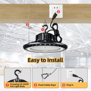 UFO LED High Bay Light 150W 5000K, High Bay LED Lights 21,000LM(600W MH/HPS Eqv.),UFO Lamp with Plug, Hanging Hook, Safe Rope, Lighting Fixtures for Warehouse Shop Factory Garage Gym Barn（2 Pack）