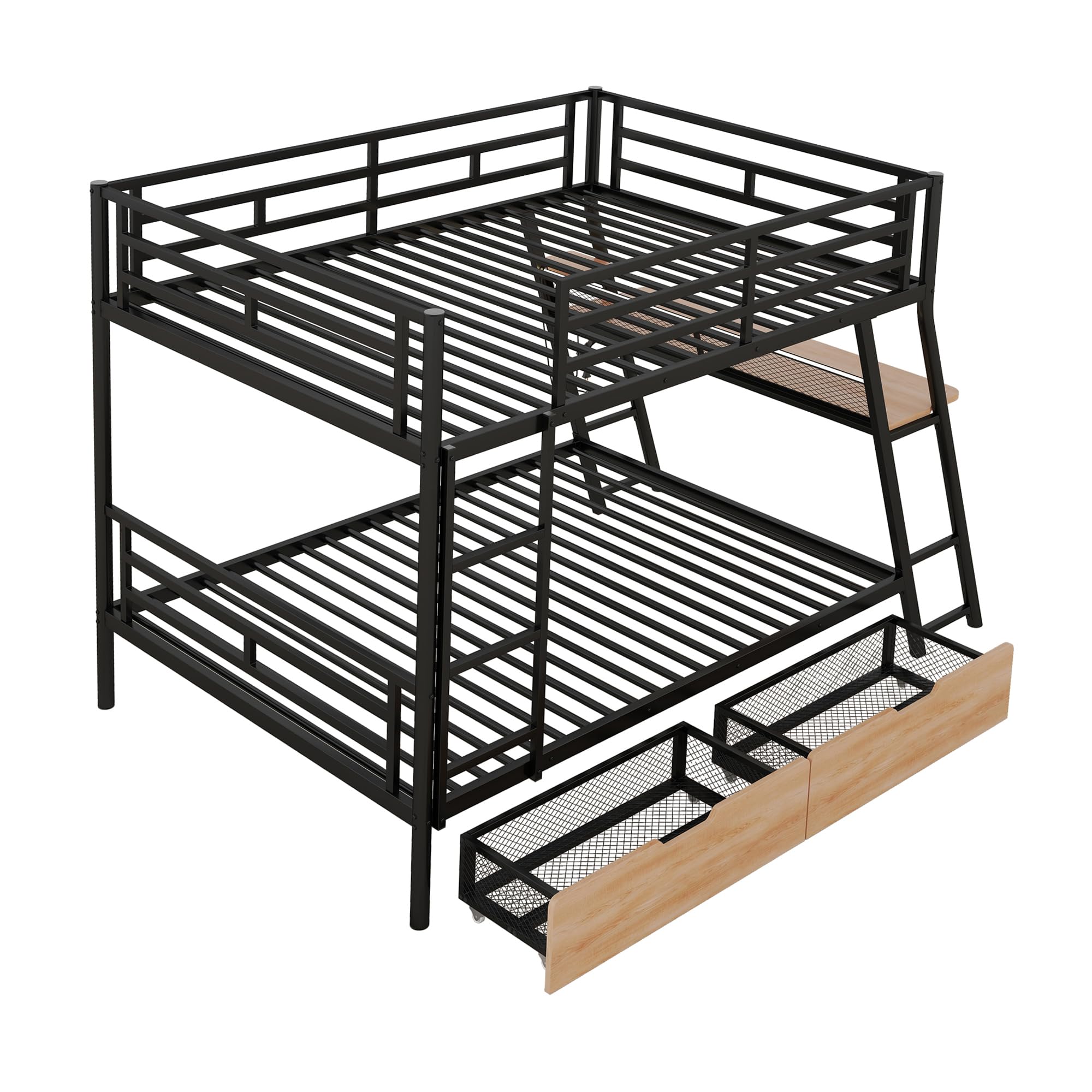 Flieks Bunk Bed, Full Over Full Metal Bunk Bed Frame with Built-in Desk, Light, 2 Drawers, Safety Guard Rails and Ladder, Heavy-Duty Steel Frame Bunk Bed for Kids Teens Adults (Black)