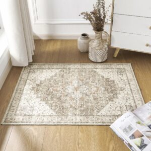 small area rug 2x3,non slip neutral farmhouse washable entryway rug indoor,tan beige and light brown