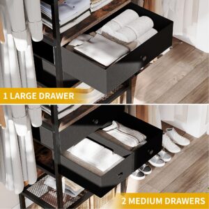 DWVO Closet System, Walk In Closet Organizer Systems with 3 Drawers, Closet Organizers and Storage with Shelves and 3 Expandable Hanger Rods, Fits 6-9 ft Space, Black