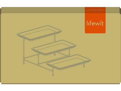 Lifewit 3 Tier Plastic Serving Tray for Party Supplies, 12" x 6.5" Platters for Serving Food, White Reusable Trays with Black Metal Display Stand for Veggie, Fruit, Cookies, Dessert