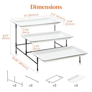 Lifewit 3 Tier Plastic Serving Tray for Party Supplies, 12" x 6.5" Platters for Serving Food, White Reusable Trays with Black Metal Display Stand for Veggie, Fruit, Cookies, Dessert