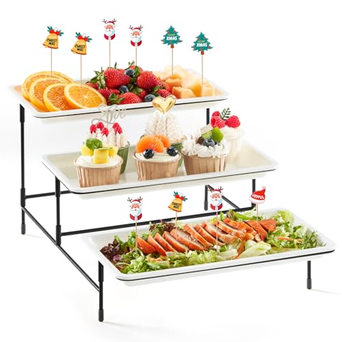 Lifewit 3 Tier Plastic Serving Tray for Party Supplies, 12" x 6.5" Platters for Serving Food, White Reusable Trays with Black Metal Display Stand for Veggie, Fruit, Cookies, Dessert