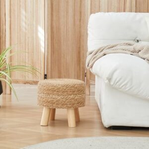 ALeesing Round Ottoman Natural Seagrass Footstool, Round Footstool with 4 Wood Legs, Hand Woven Round Footstool Sofa Stool, Multifunctional Modern Dressing Stool, Sofa Side Table for Bedroom (Nature)