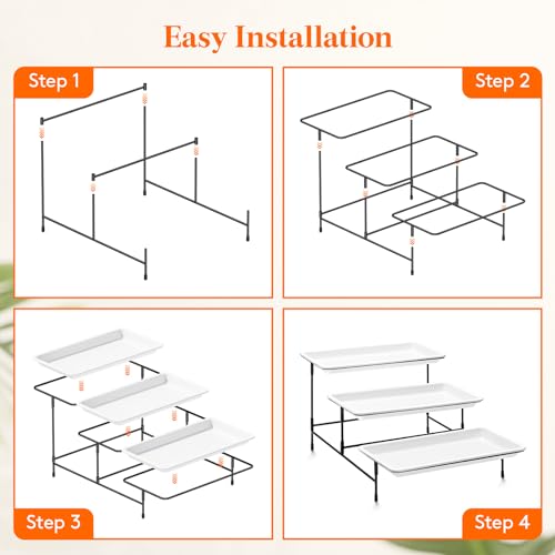 Lifewit 3 Tier Plastic Serving Tray for Party Supplies, 12" x 6.5" Platters for Serving Food, White Reusable Trays with Black Metal Display Stand for Veggie, Fruit, Cookies, Dessert