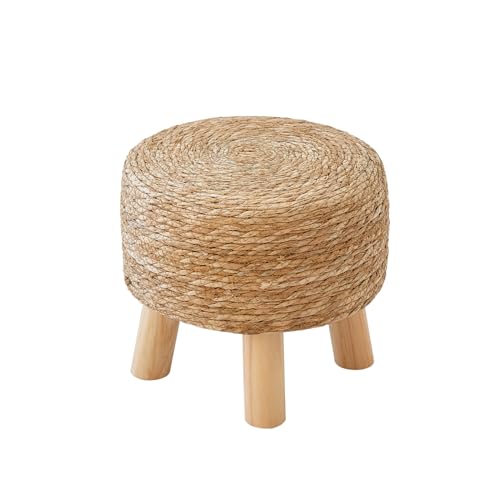 ALeesing Round Ottoman Natural Seagrass Footstool, Round Footstool with 4 Wood Legs, Hand Woven Round Footstool Sofa Stool, Multifunctional Modern Dressing Stool, Sofa Side Table for Bedroom (Nature)