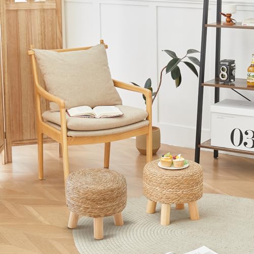 ALeesing Round Ottoman Natural Seagrass Footstool, Round Footstool with 4 Wood Legs, Hand Woven Round Footstool Sofa Stool, Multifunctional Modern Dressing Stool, Sofa Side Table for Bedroom (Nature)