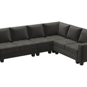 Belffin Grey Velvet L-Shape Sectional Sofa with Reversible Chaise, 107.8'L x 84.2'W x 35.8'H, Modular, Modern, Sofa Couch for Living Room, 5 Seater, Easy Assembly