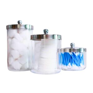 huang acrylic chrome lid clear cosmetic container | store q-tips, cottonballs, cotton rounds | perfect counter top or shelf storage | large