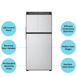 NORCOLD N8DCBKL Refrigerator; Dual Compartment 2 Door Refrigerator With Freezer; Left Hand Hinge/ Reversible To Right Hand Hinge; 8 Cubic Foot; 52-7/8 Inch Height x 23-1/2 Inch Width x 24 Inch Depth Cutout Dimensions; 5 Amp/ 12 Volt DC; DC