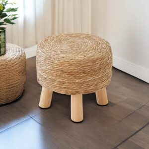 ALeesing Round Ottoman Natural Seagrass Footstool, Round Footstool with 4 Wood Legs, Hand Woven Round Footstool Sofa Stool, Multifunctional Modern Dressing Stool, Sofa Side Table for Bedroom (Nature)