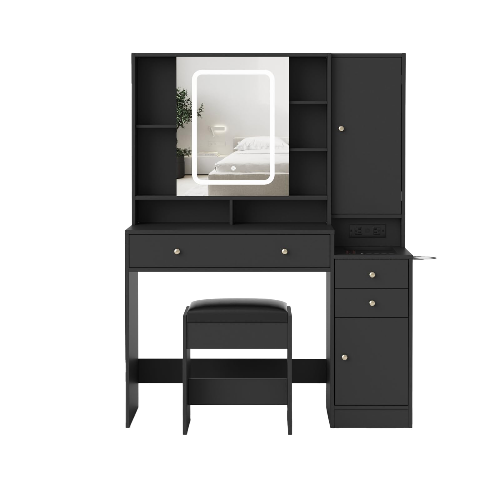 Vanity Table with Mirror, Lights and Charging Station - Glass Top Vanity with 3 Drawers, Jewelry Cabinet and Sliding Door, 42.8 Inches