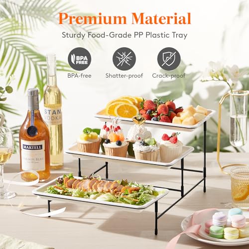 Lifewit 3 Tier Plastic Serving Tray for Party Supplies, 12" x 6.5" Platters for Serving Food, White Reusable Trays with Black Metal Display Stand for Veggie, Fruit, Cookies, Dessert