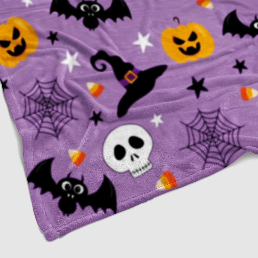 Halloween Throw Blanket for Couch and Bed Spider Webs Witch's Hat Black Bats and Decorated Pumpkins Print on Soft Blanket for Kids and Adult