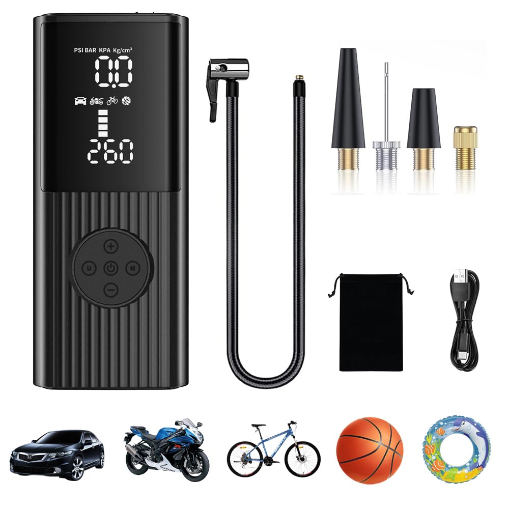 Tire Inflator Portable Air Compressor 150PSI Cordless Air Pump 3X Fast Inflation for Cars Bikes Motorcycle Tires Balloons Basketball Rugby,Dual LCD Display Rechargeable Battery Emergency Tool