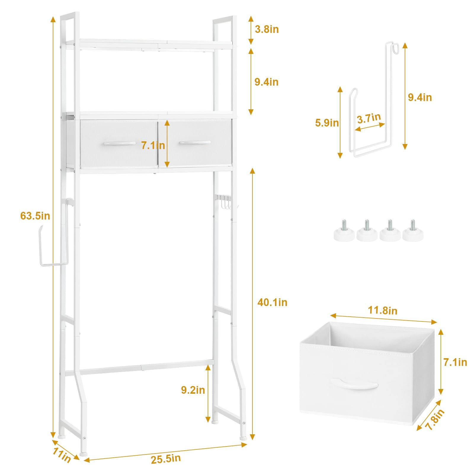 YBING Over The Toilet Storage, Over Toilet Bathroom Organizer with Drawer, Above Toilet Stand with Roll Holder and Hooks, Over Toilet Storage Shelf Cabinet, Wooden, White