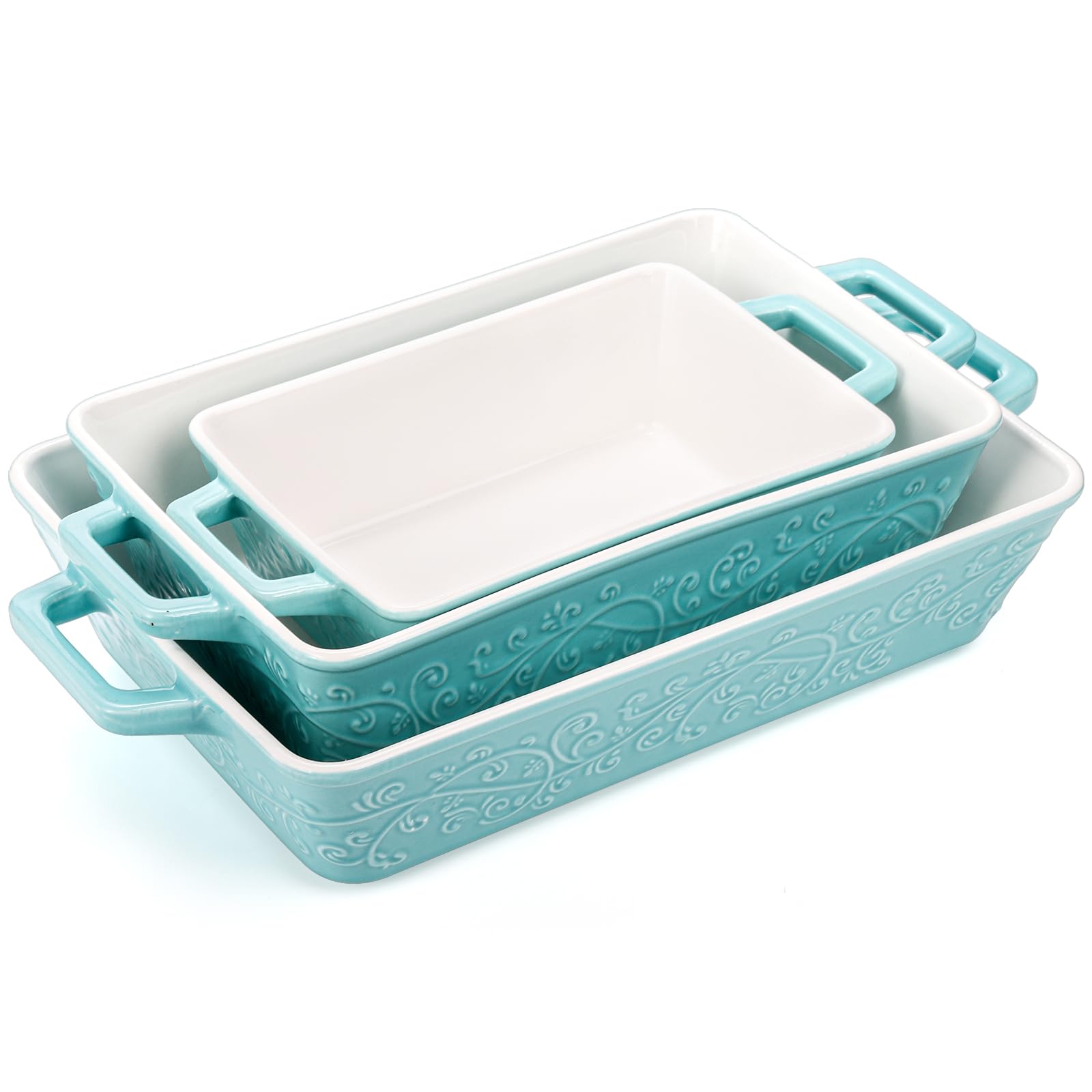 Okllen Set of 3 Casserole Dishes for Oven, Ceramic Baking Dishes with Handles, Rectangular Lasagna Pan Bakeware Set for Baking Cooking, Roasting, Broiling, Gratin, Wedding & Housewarming Gift, Blue