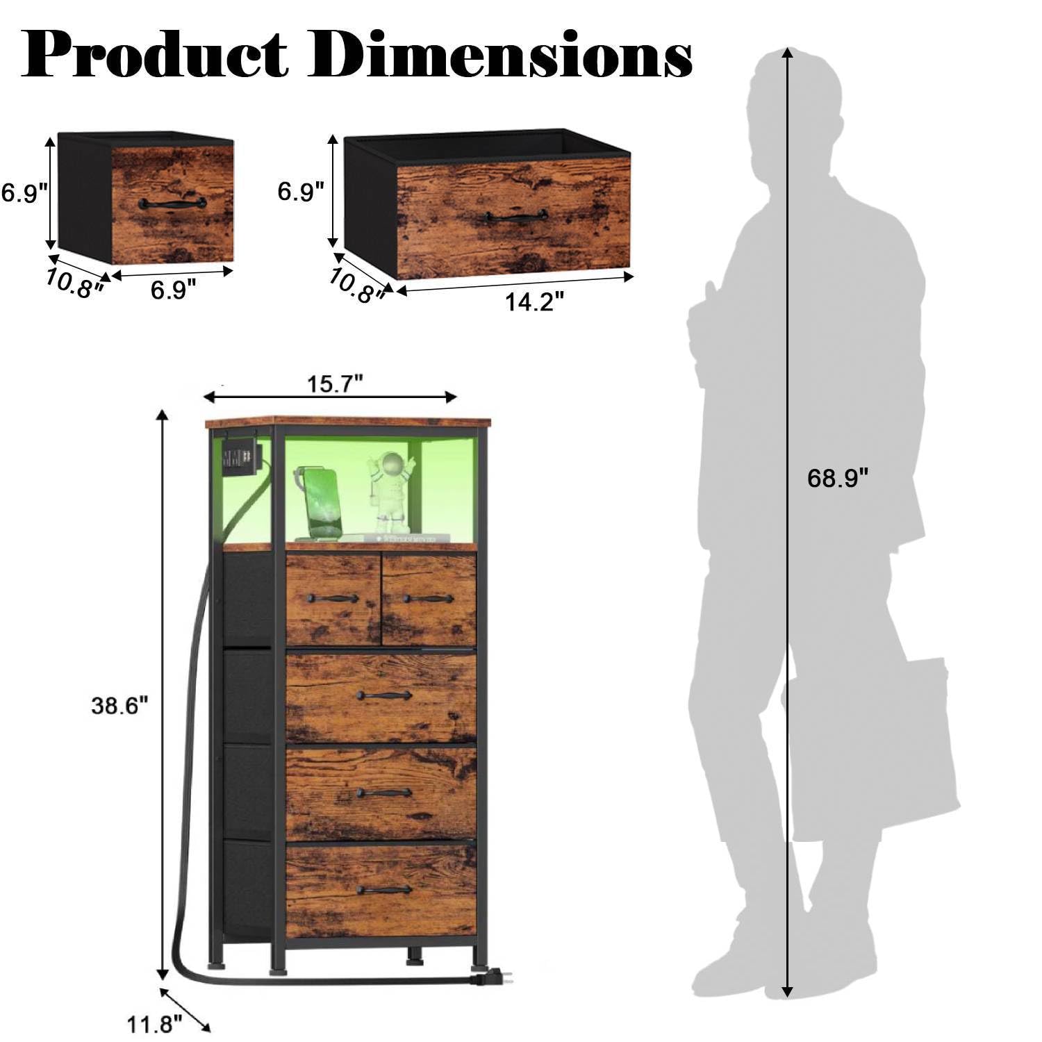 Furnulem Dresser for Bedroom, Tall Nightstand, Vertical Chest with Wood Top, Charging Station, LED Lights, 5 Fabric Bins, Bedside Table with Shelf, Furniture for Entryway (5 Drawer, Rustic Brown)