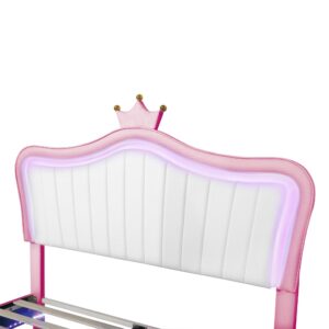 Queen Size Upholstered Princess Bed Frame with LED Lights and Crown Headboard,for Kids Boys Girls Teens Bedroom Use (Queen, White+Pink@LED Lights-)