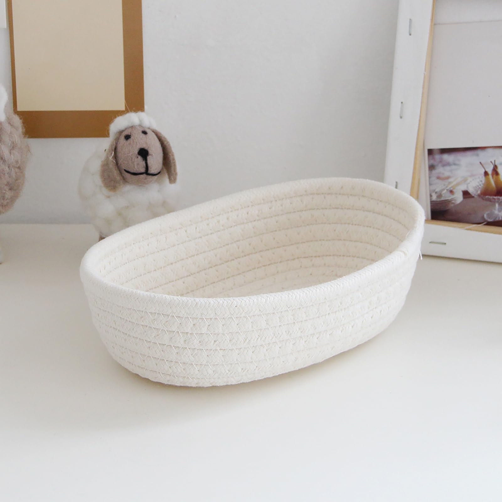 Small Woven Rope Storage Basket with Handles Spring Mini Oval Decorative Hampers for Empty Chest Box 3 Sizes(White 10''L x 6"W x 3''H) Clearence