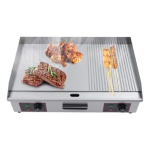 Commercial Flat Top Griddle 3000W Electric Countertop Griddle Flat Top Grill 28.7"x17.3" Flat & Fluted Stainless Steel Teppanyaki Grill 122-572°F Dual Independent TEMP Control(NO PLUG)