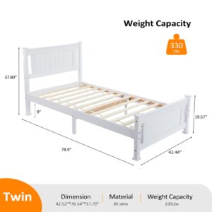 VINGLI Twin Bed Frame Solid Wood Platform Bed Frame, Single Bed with Headboard, No Box Spring Needed Panel Bed, Wood Slat Support Mattress Foundation, White