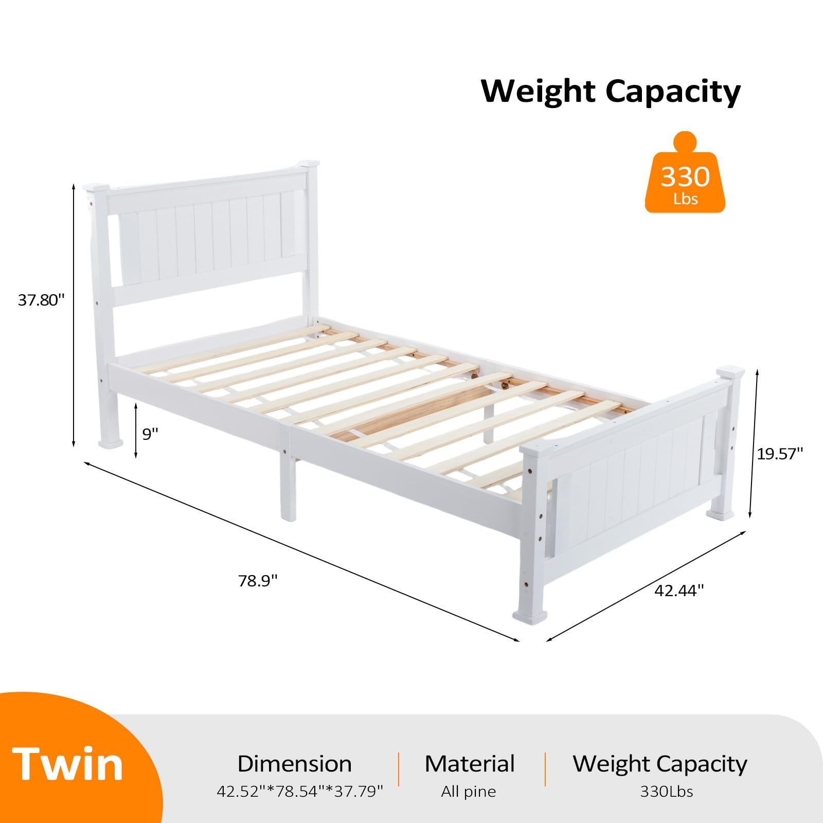 VINGLI Twin Bed Frame Solid Wood Platform Bed Frame, Single Bed with Headboard, No Box Spring Needed Panel Bed, Wood Slat Support Mattress Foundation, White