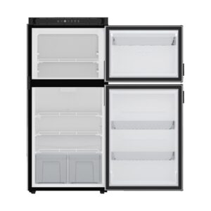 NORCOLD N8DCBKL Refrigerator; Dual Compartment 2 Door Refrigerator With Freezer; Left Hand Hinge/ Reversible To Right Hand Hinge; 8 Cubic Foot; 52-7/8 Inch Height x 23-1/2 Inch Width x 24 Inch Depth Cutout Dimensions; 5 Amp/ 12 Volt DC; DC