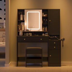 Vanity Table with Mirror, Lights and Charging Station - Glass Top Vanity with 3 Drawers, Jewelry Cabinet and Sliding Door, 42.8 Inches