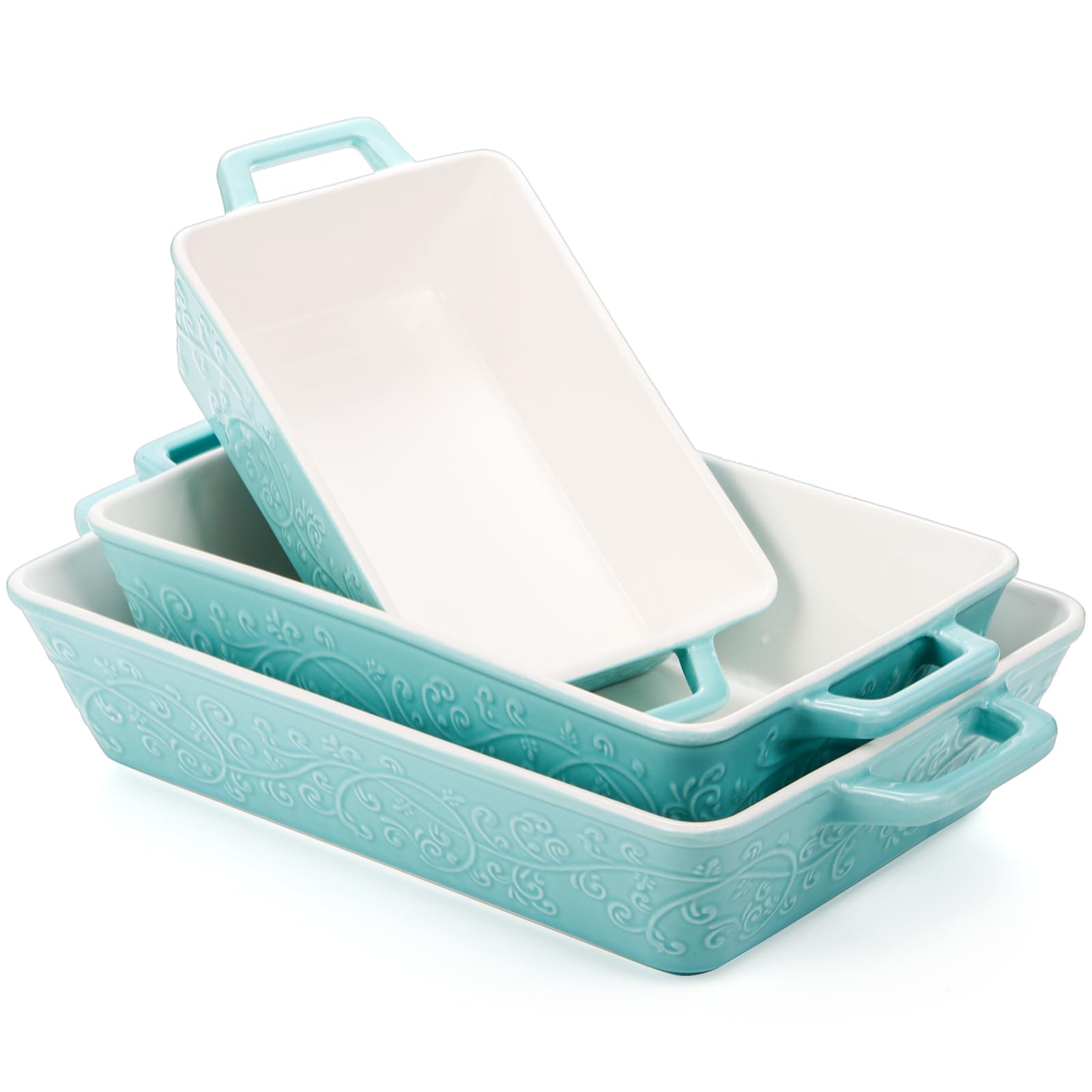 Okllen Set of 3 Casserole Dishes for Oven, Ceramic Baking Dishes with Handles, Rectangular Lasagna Pan Bakeware Set for Baking Cooking, Roasting, Broiling, Gratin, Wedding & Housewarming Gift, Blue