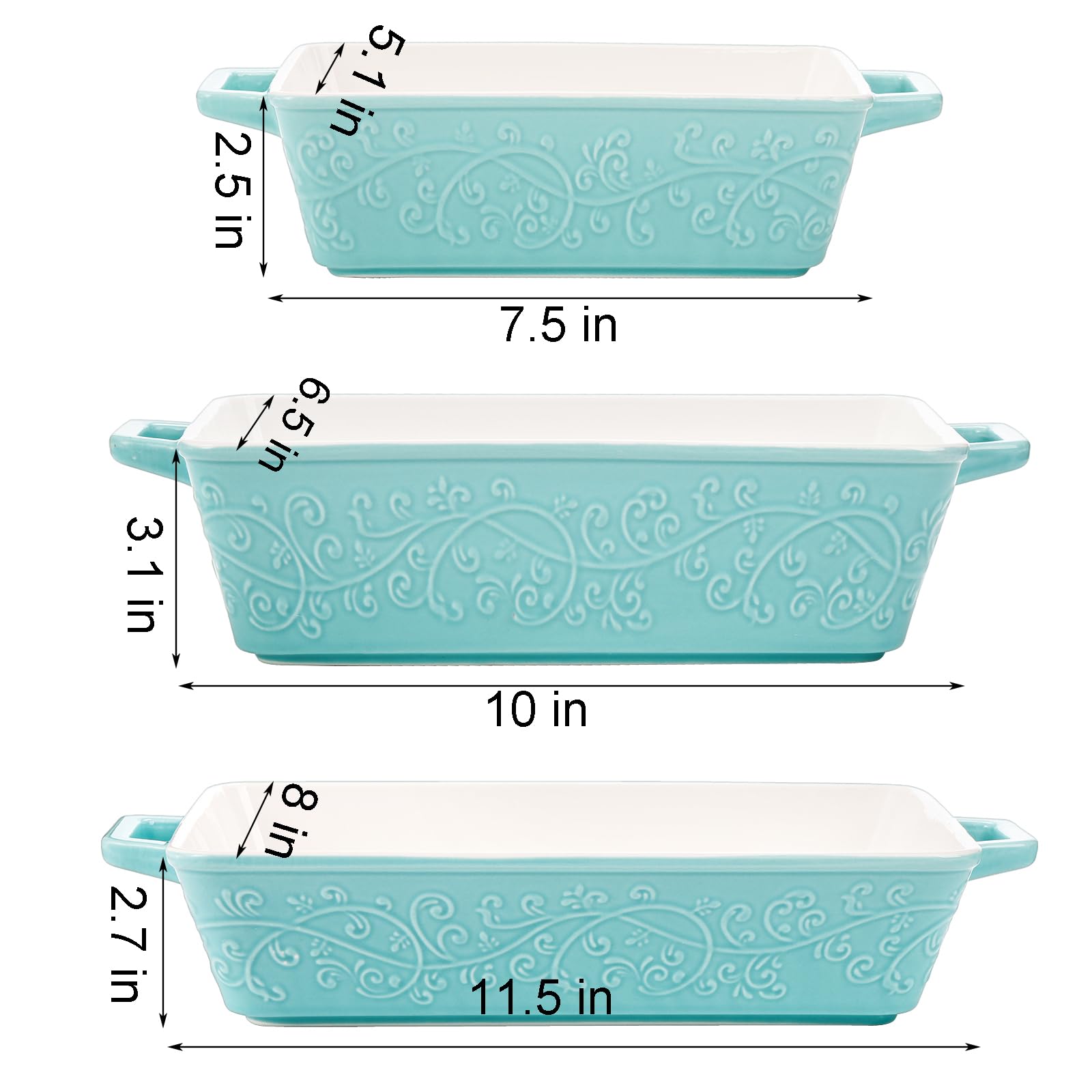 Okllen Set of 3 Casserole Dishes for Oven, Ceramic Baking Dishes with Handles, Rectangular Lasagna Pan Bakeware Set for Baking Cooking, Roasting, Broiling, Gratin, Wedding & Housewarming Gift, Blue