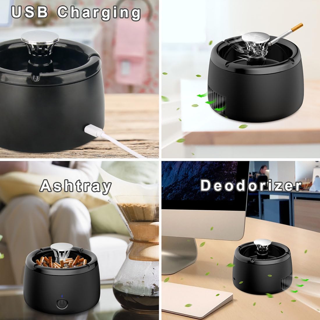 GESPERT Smokeless Ashtray, Clean Air Ashtray Unique Present for Men, Grandpa Rechargeable Ashtray for Home Car Indoor Office Black