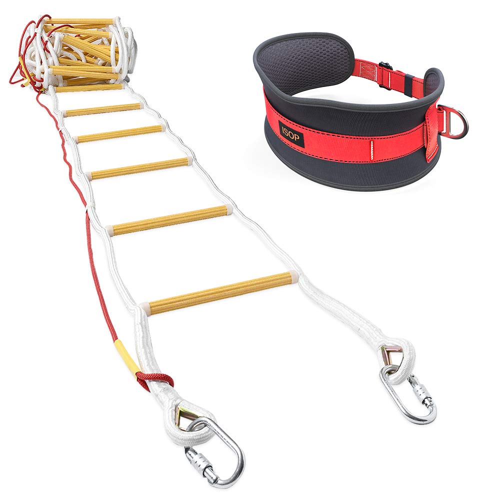 ISOP Fire Emergency Ladder 4 Story Homes 32ft - Fire Safety Ladders with Hooks and Safety Belt - Emergency Escape Ladder 4th Story House/Reusable, Weather Resistant & Portable