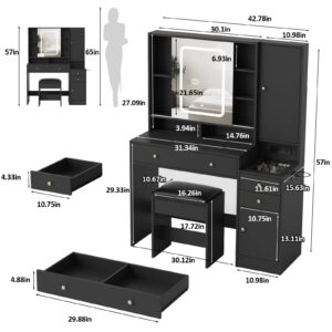 Vanity Table with Mirror, Lights and Charging Station - Glass Top Vanity with 3 Drawers, Jewelry Cabinet and Sliding Door, 42.8 Inches