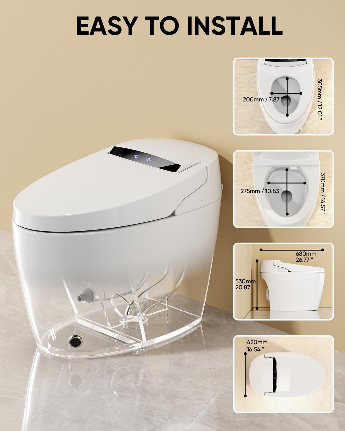 LOUPUSUO Smart Toilet, Tankless Toilet with Warm Water Sprayer and Dryer, Foot Sensor Operation, Heated Bidet Seat, Smart Toilet Bidet Toilet with Fahrenheit LED Display