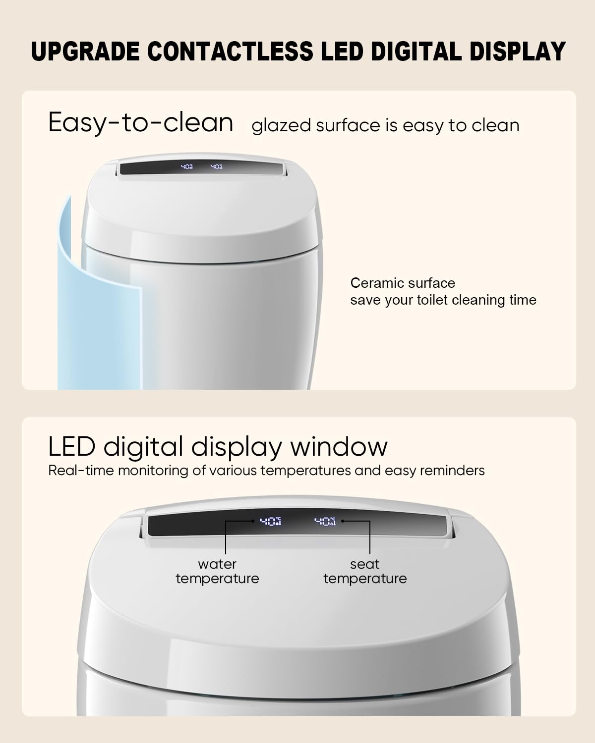 LOUPUSUO Smart Toilet, Tankless Toilet with Warm Water Sprayer and Dryer, Foot Sensor Operation, Heated Bidet Seat, Smart Toilet Bidet Toilet with Fahrenheit LED Display