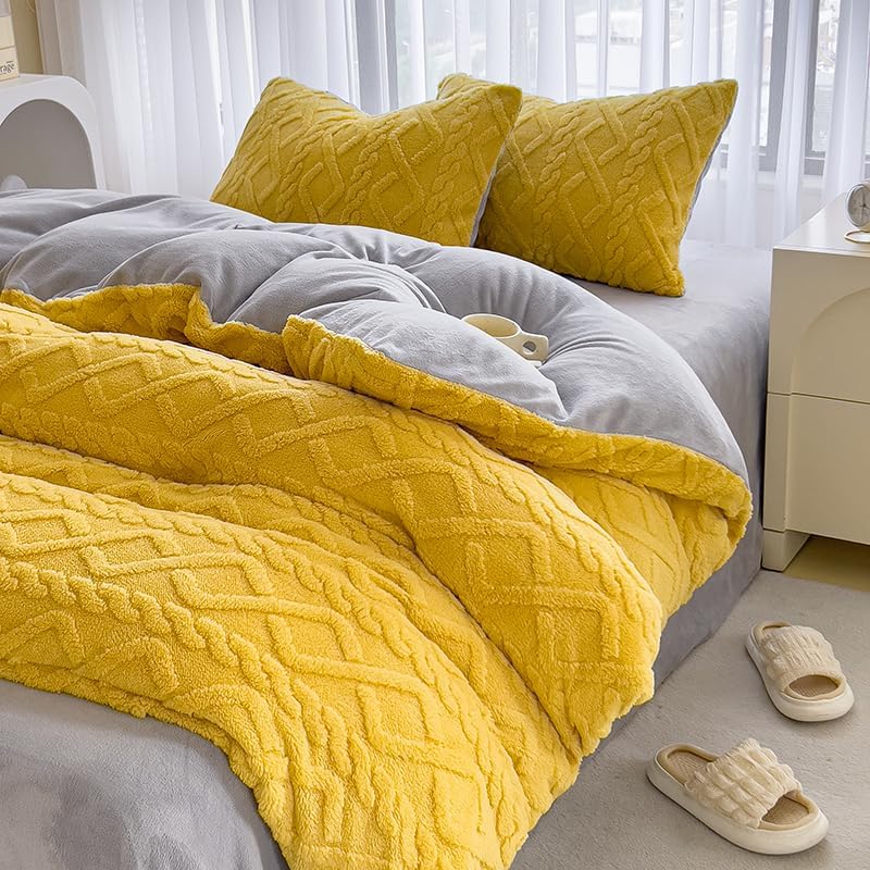 INFLAG Fluffy Comforter Cover, Boho Bedding Flannel Duvet Cover 3 Pieces, Ultra Soft Cozy Velvet Duvet Cover King 104" x 90" with Zipper Closure & 2 Pillow Shams (King, Yellow)