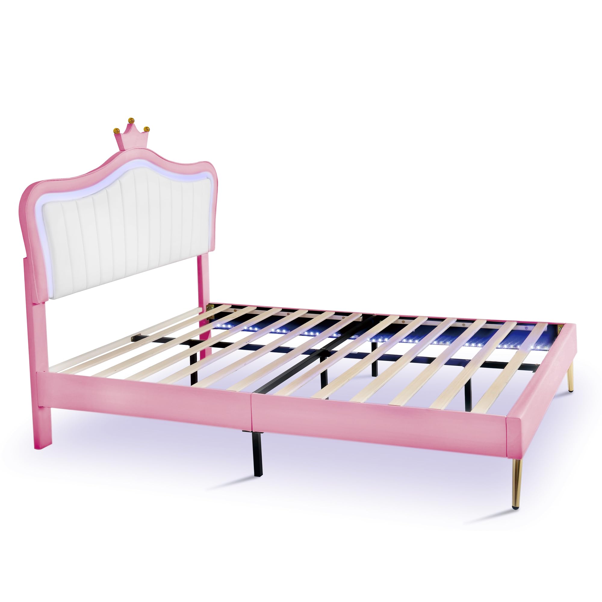 Queen Size Upholstered Princess Bed Frame with LED Lights and Crown Headboard,for Kids Boys Girls Teens Bedroom Use (Queen, White+Pink@LED Lights-)