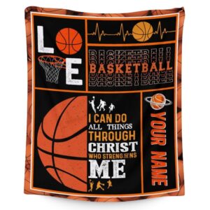 personalized basketball blanket with name - soft, plush & warm - 40x30 inches small blanket for office, chair - brown sports throw blanket gifts for boys, girls