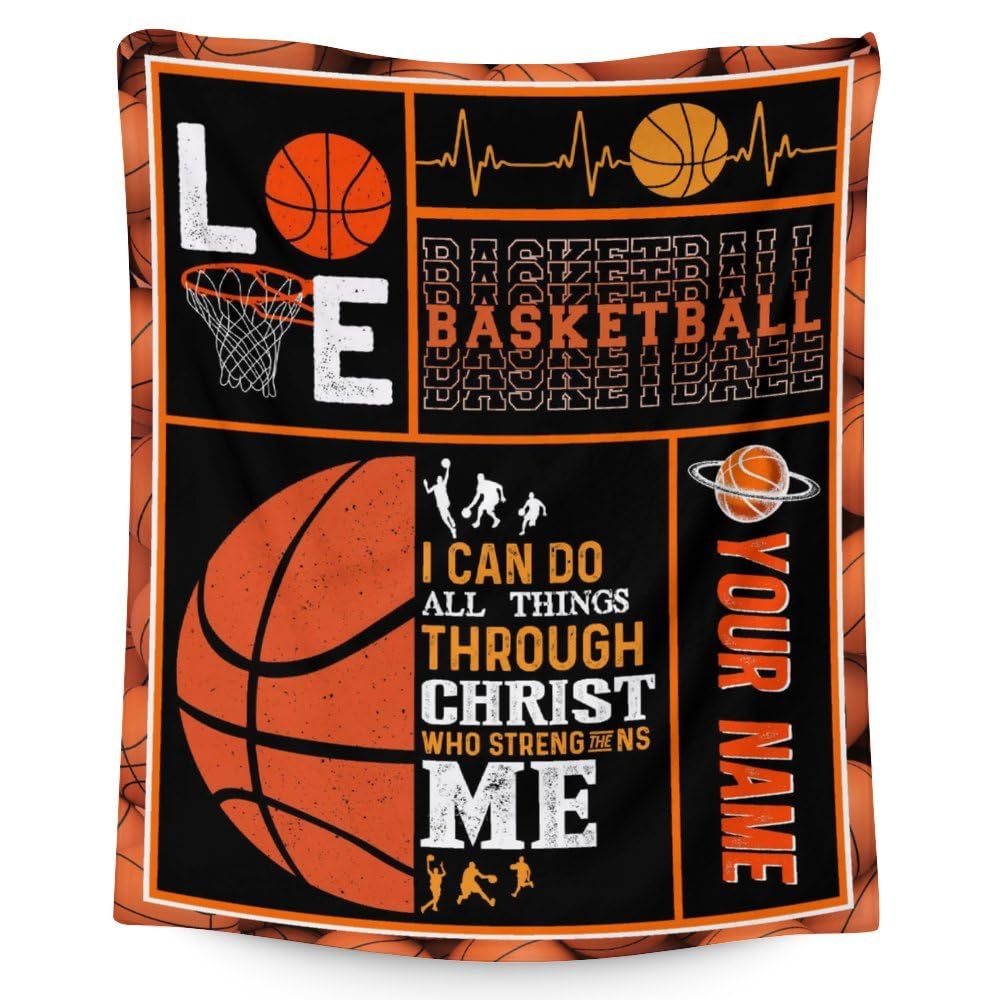 Personalized Basketball Blanket with Name - Soft, Plush & Warm - 40x30 Inches Small Blanket for Office, Chair - Brown Sports Throw Blanket Gifts for Boys, Girls