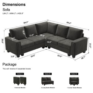 Belffin Velvet Modular Sectional Sofa Convertible Sectional Sofa Couch with Reversible Chaise L Shaped 4 Seater Corner Sofa Couch Grey