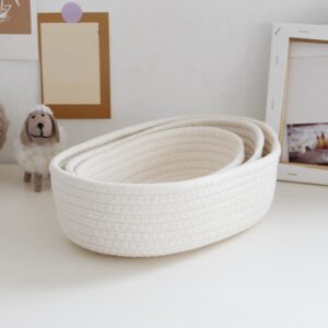 Small Woven Rope Storage Basket with Handles Spring Mini Oval Decorative Hampers for Empty Chest Box 3 Sizes(White 10''L x 6"W x 3''H) Clearence