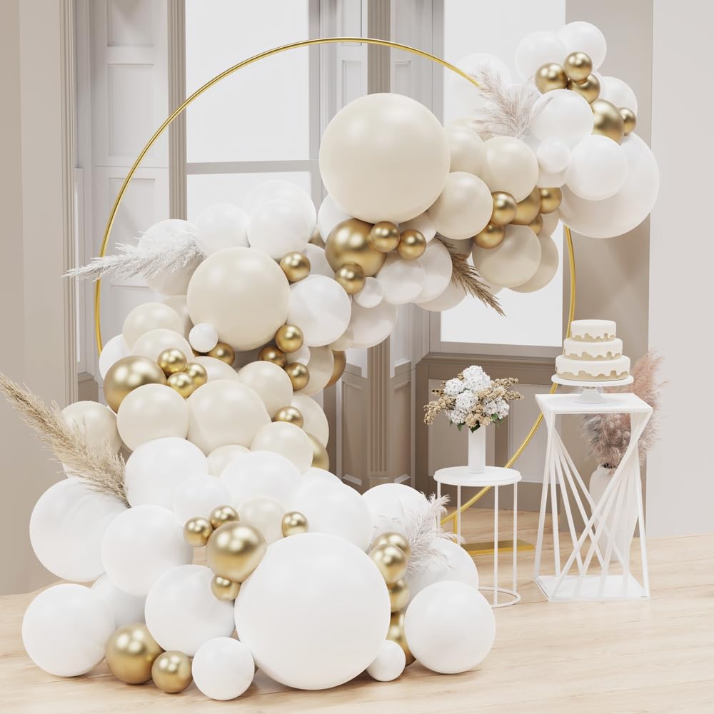 Double-stuff Pearl White Sand White Balloon Garland Arch kit, 132pcs 18/10/5 inch White Balloons with Metallic Gold Balloon for Wedding Bridal Baby Shower Birthday Anniversary Party Decorations