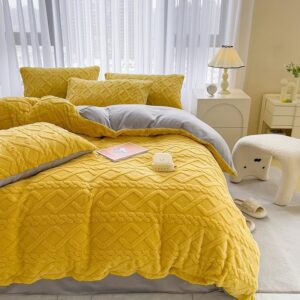 INFLAG Fluffy Comforter Cover, Boho Bedding Flannel Duvet Cover 3 Pieces, Ultra Soft Cozy Velvet Duvet Cover King 104" x 90" with Zipper Closure & 2 Pillow Shams (King, Yellow)