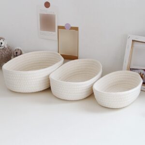 Small Woven Rope Storage Basket with Handles Spring Mini Oval Decorative Hampers for Empty Chest Box 3 Sizes(White 10''L x 6"W x 3''H) Clearence