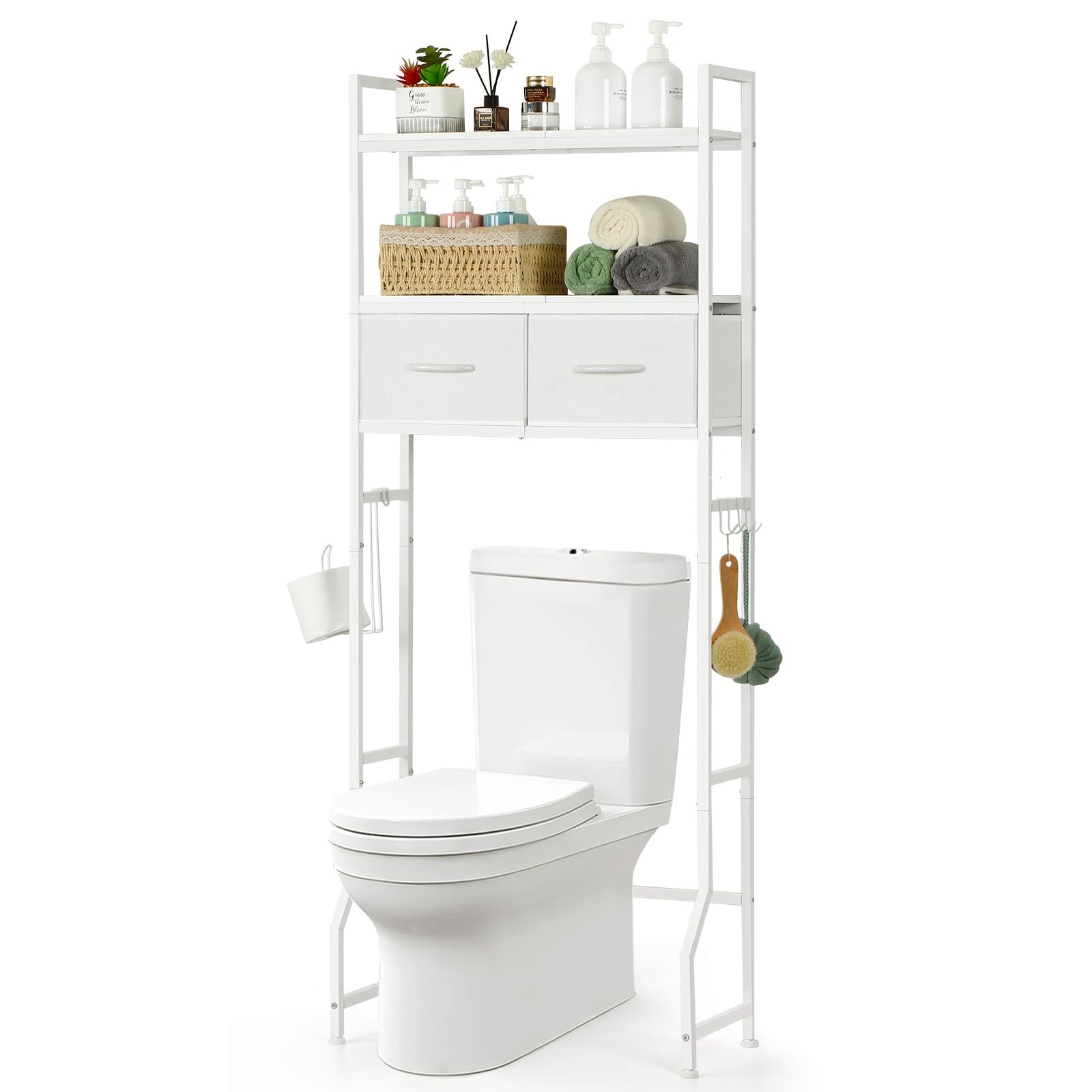 YBING Over The Toilet Storage, Over Toilet Bathroom Organizer with Drawer, Above Toilet Stand with Roll Holder and Hooks, Over Toilet Storage Shelf Cabinet, Wooden, White